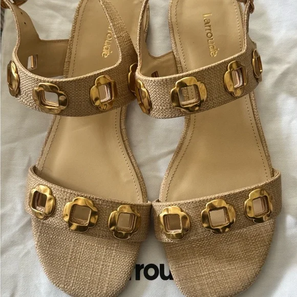 **NIB** Larroude Milan Flat Sandal In Beige Raffia - Picture 7 of 14